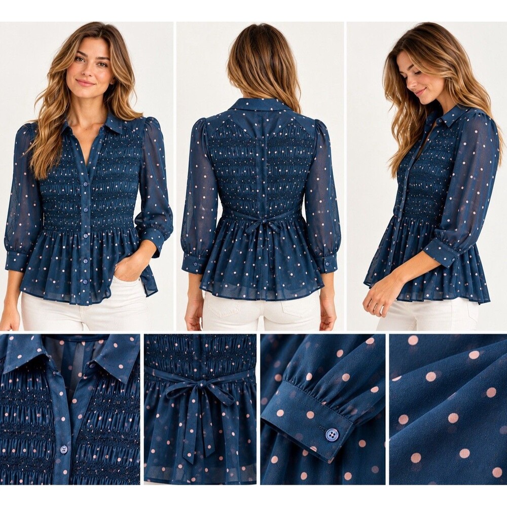 Vanessa Virginia Anthropologie Navy Blue Pink Polka Dot Smocked Blouse Size 0